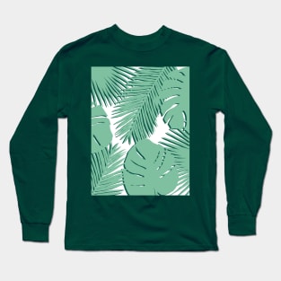 Tropical, Palm Leaves, Monstera Leaves on White Long Sleeve T-Shirt